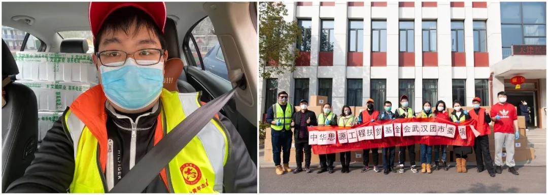 左圖：10輛轎車后座和后備箱堆滿了菜，出發送給社區；右圖：各位志愿者協助接收消毒防護物資